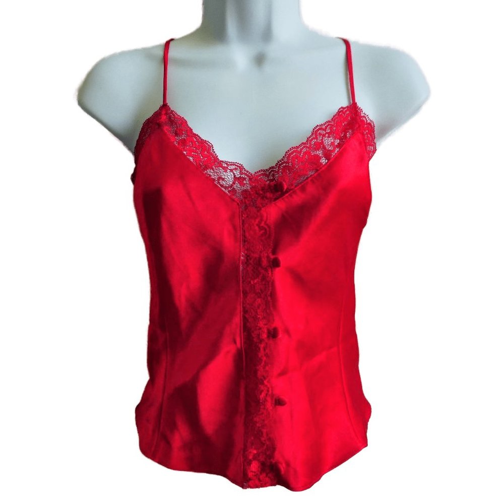 Victoria's Secret Vintage 90s Y2K Red Satin Cami Top Lace Boudoir Gold Label M